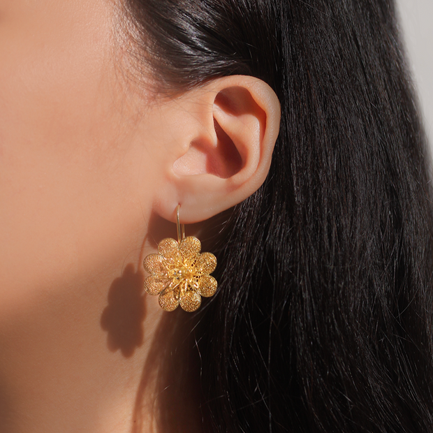 On model, Gold Repolyo Rosa Filigree Hook Earrings