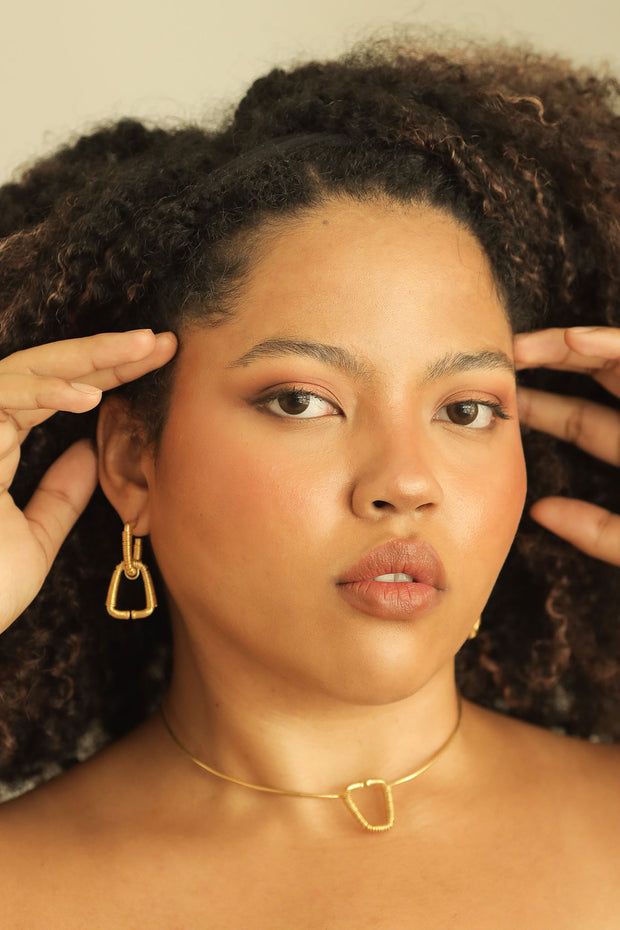Pinatapatan Drop Earrings Worn on Model with Gold Necklace