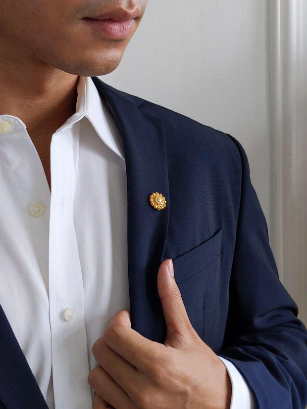 Bernie Filigree Lapel Pin Gold On Model with Blue Suit
