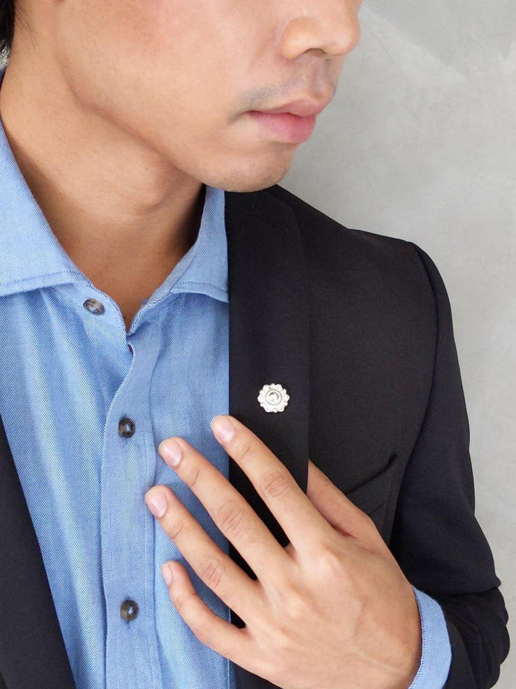 Bernie Filigree Lapel Pin Silver on Black Suit