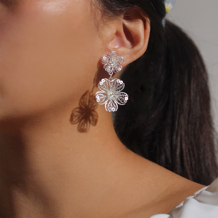 On model, Silver Carnation Drop Earrings
