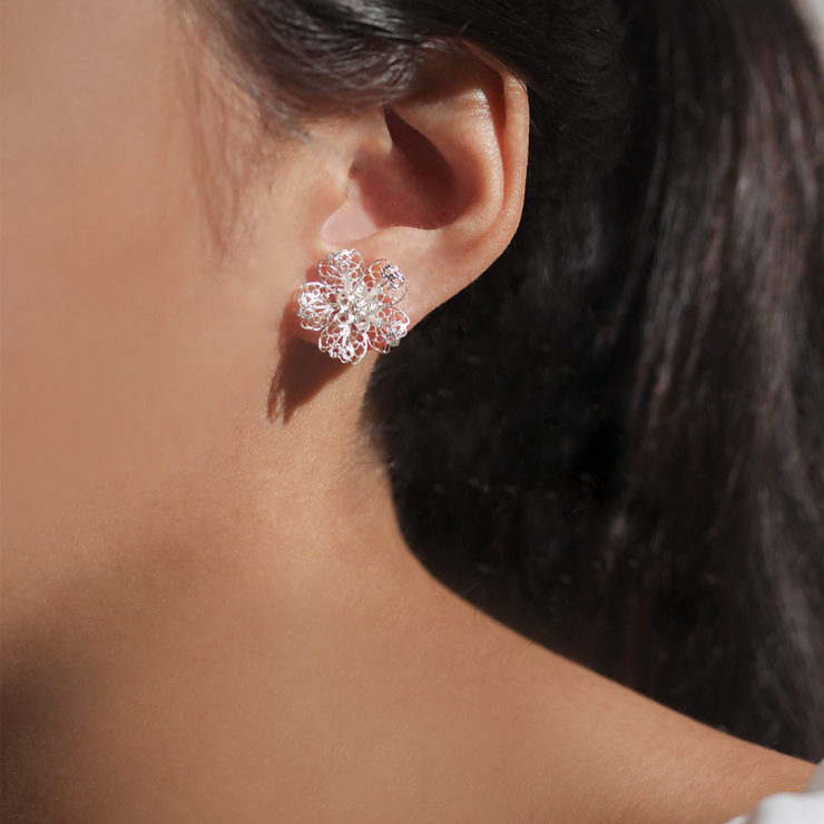 On model, Silver Carnation Drop Earrings (stud only)
