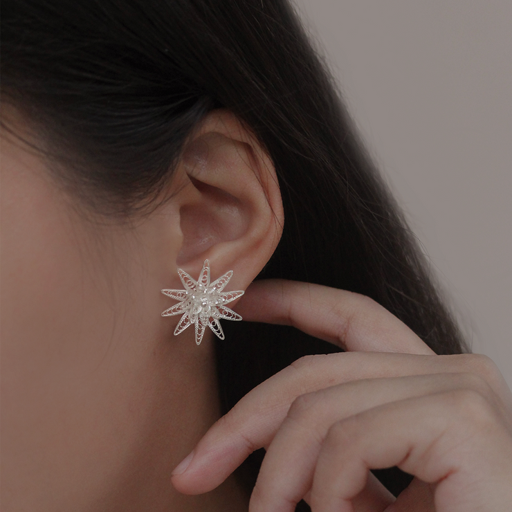 On model, silver Dasyanas stud earrings
