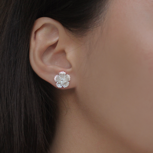 On model, silver Gumamela Filigree Detachable 2-Way Long Drop Earrings (stud only)