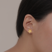 On model, Gold Gumamela Filigree Detachable 2-Way Long Drop Earrings (stud only)
