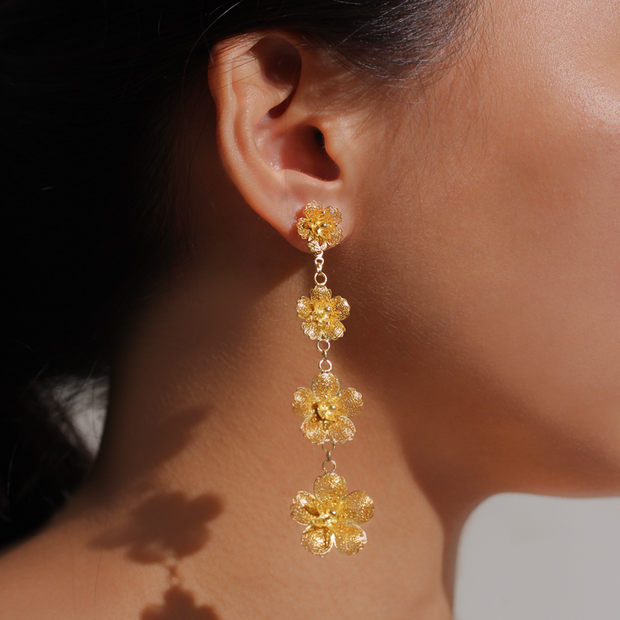 On model, Gold Gumamela Filigree Detachable 2-Way Long Drop Earrings