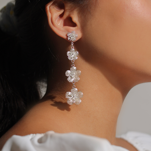 On model, silver Gumamela Filigree Detachable 2-Way Long Drop Earrings