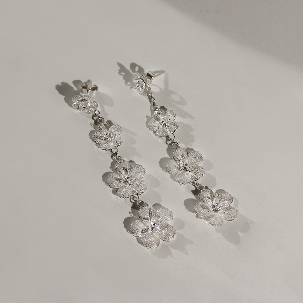 Silver Gumamela Filigree Detachable 2-Way Long Drop Earrings