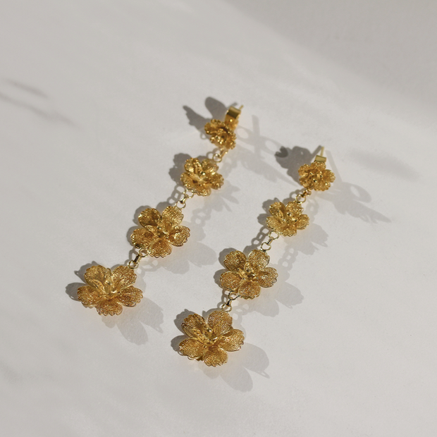 Gold Gumamela Filigree Detachable 2-Way Long Drop Earrings