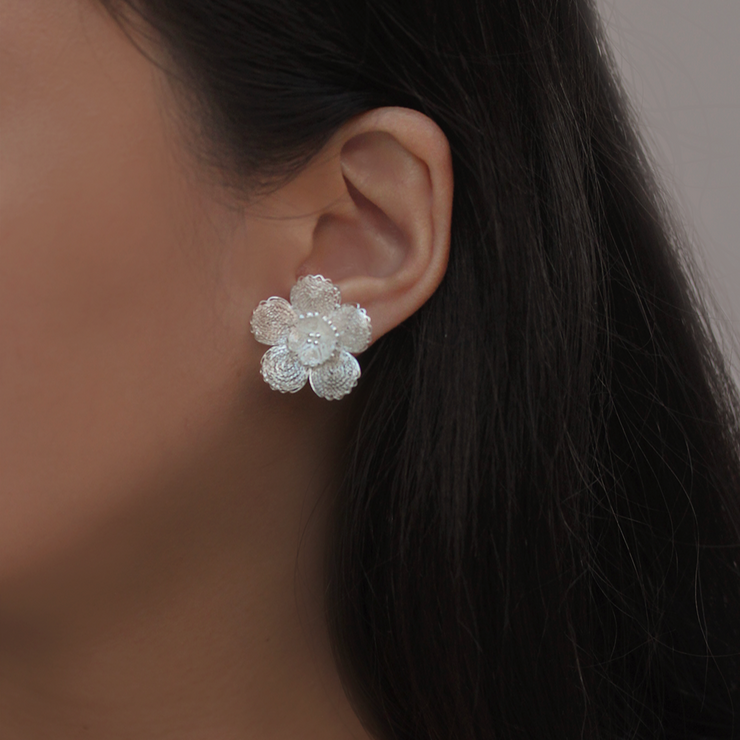 On model, Large Silver Gumamela stud earrings