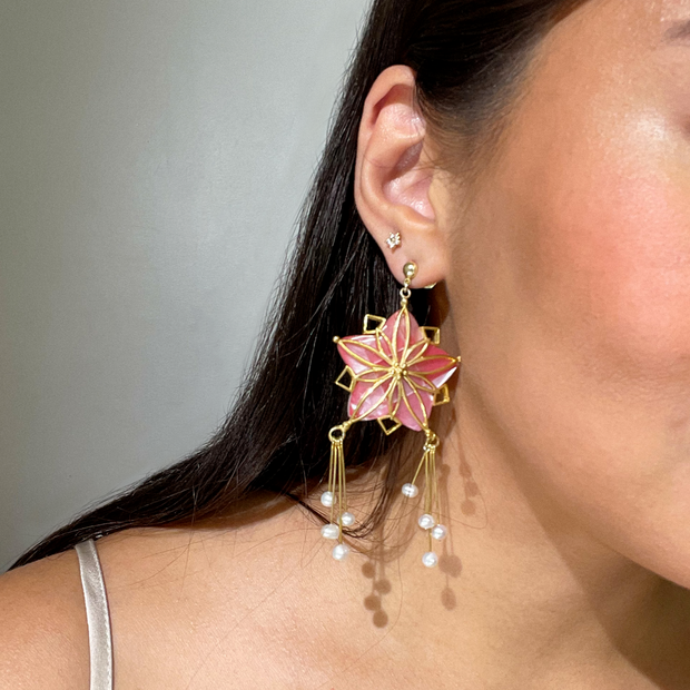 Pink Parol Shell Earrings On A Model