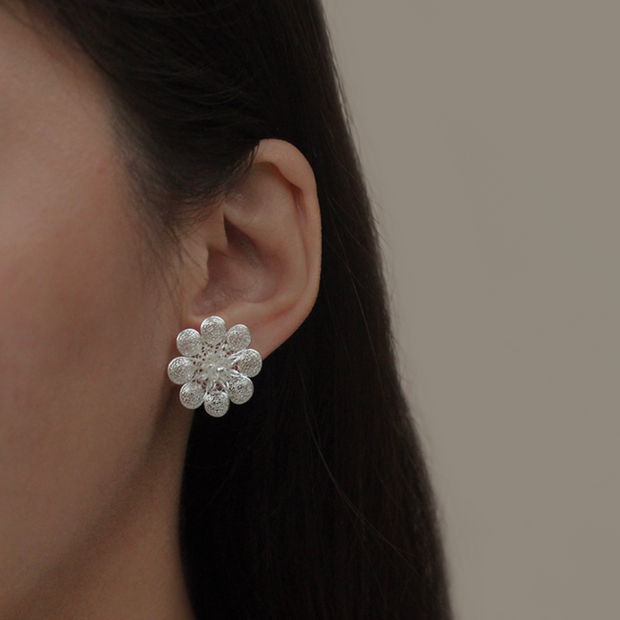 On model, Silver Repolyo Rosa Filigree Stud Earrings