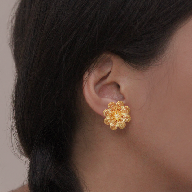 On model, Gold Repolyo Rosa Filigree Stud Earrings